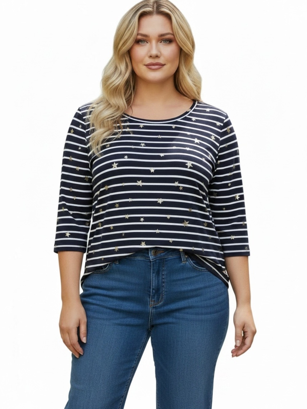 Old Navy Plus Size XXL Navy and White Striped Star Print Long Sleeve Tee